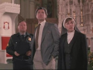 That's the mom from My So Called Life as a nun. At several points throughout the film, Bronson Pinchot channels her late ex-boyfriend as a very Jewy sounding man named Murray, who explains the plot when exposition is necessary.